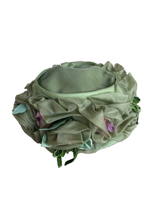 Vintage Style Green Hat Chiffon Covered Crown Of Flowers Garden Tea main image 5
